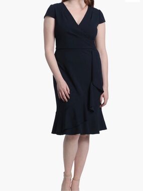 NWT London Times Knee Length Ruffle Faux Wrap Dress Black size 20W
